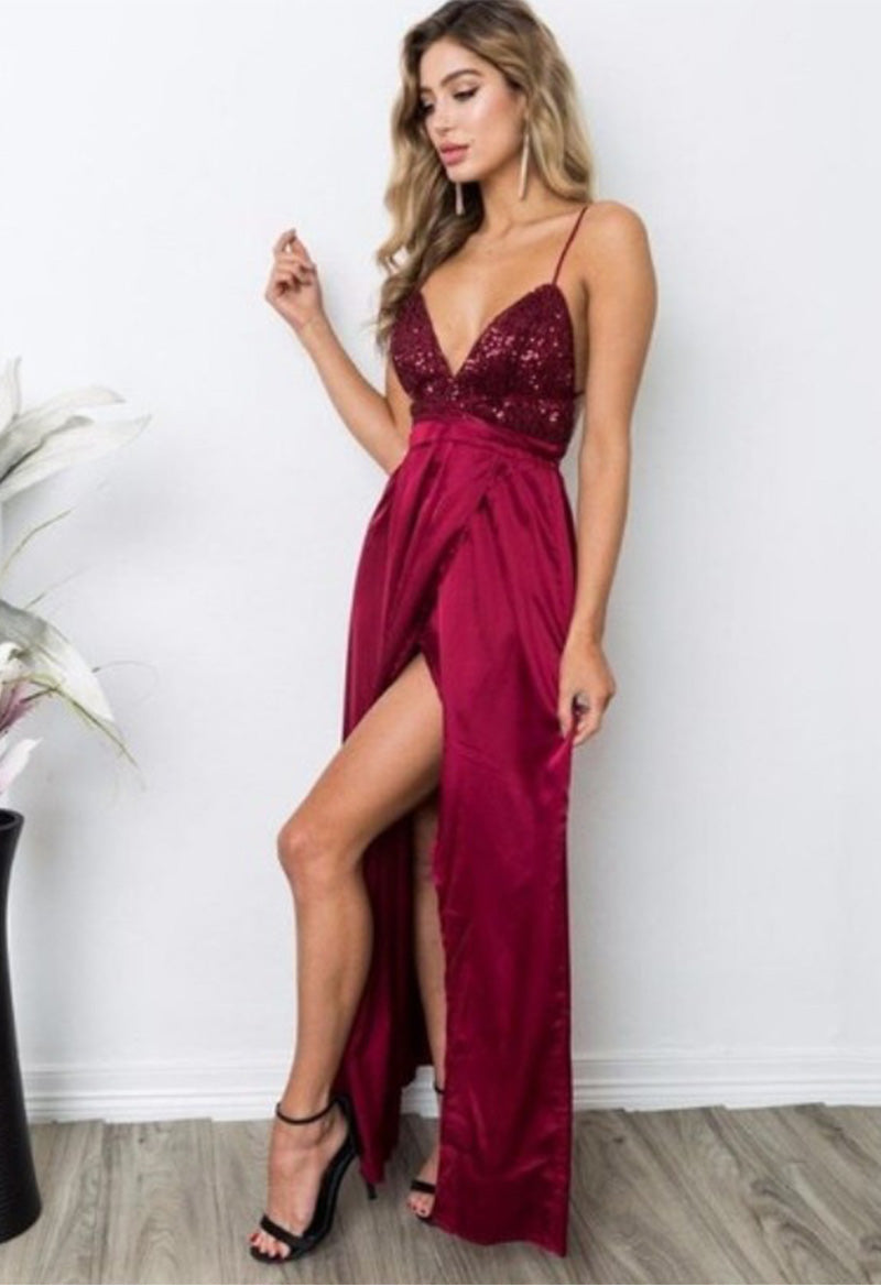 Sexy V-Neck Cross Slit Sleeveless Sequined Satin Prom Dress As Picture