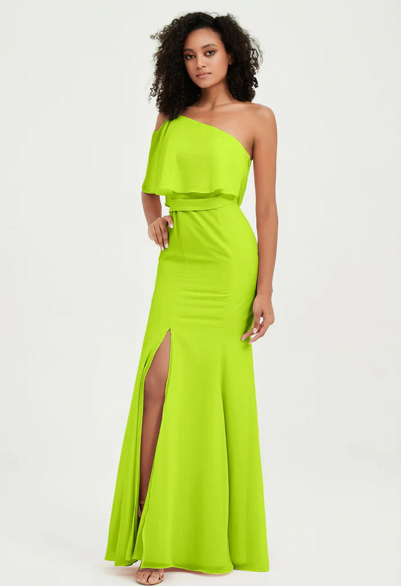 Lime Green One Shoulder Sleeveless Slit Chiffon Floor Length Bridesmai Pandrodressy Lime Green One Shoulder Sleeveless Slit Chiffon Floor Length Bridesmai Pandrodressy