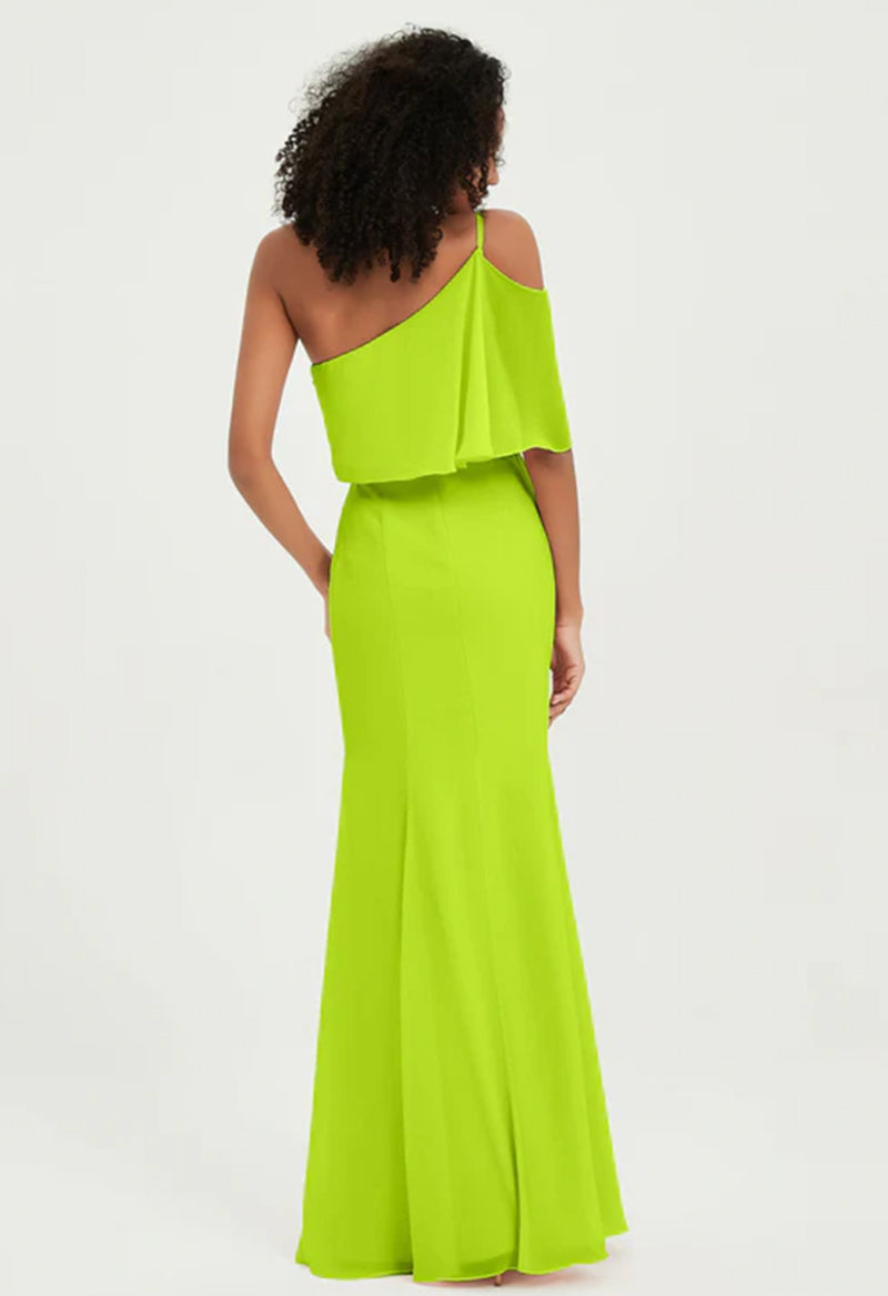 Lime Green One Shoulder Sleeveless Slit Chiffon Floor Length Bridesmai Pandrodressy Lime Green One Shoulder Sleeveless Slit Chiffon Floor Length Bridesmai Pandrodressy