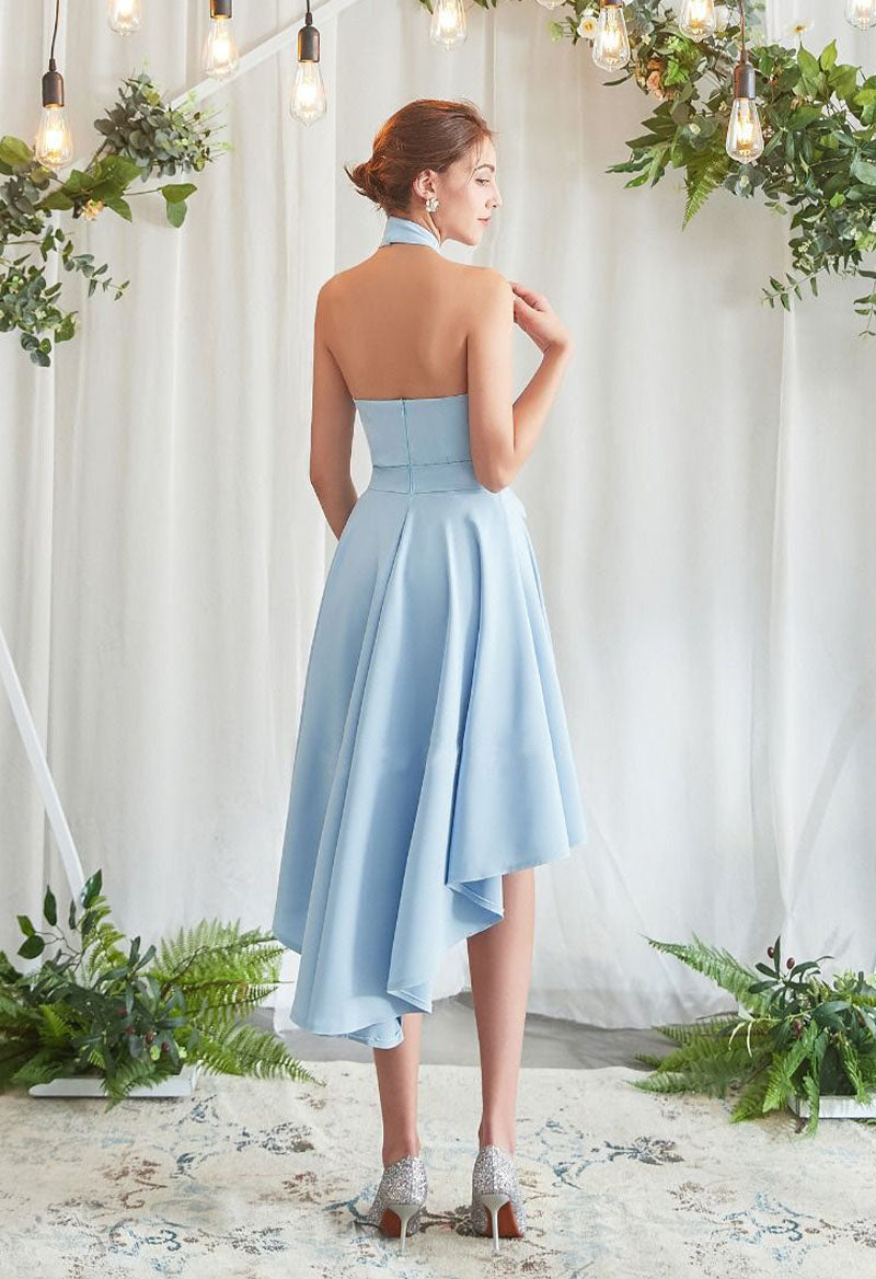 Sleeveless Halter Neck High-Low A Line Knee Length Bridesmaid Dress