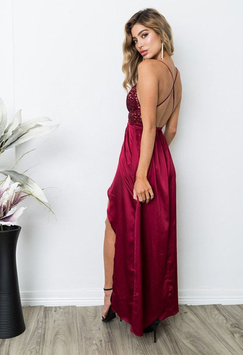 Sexy V-Neck Cross Slit Sleeveless Sequined Satin Prom Dress