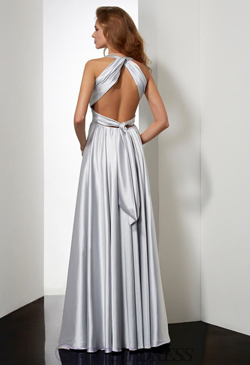 A Line Satin V-Neck Sleeveless Lace-Up Floor Length Evening Dress