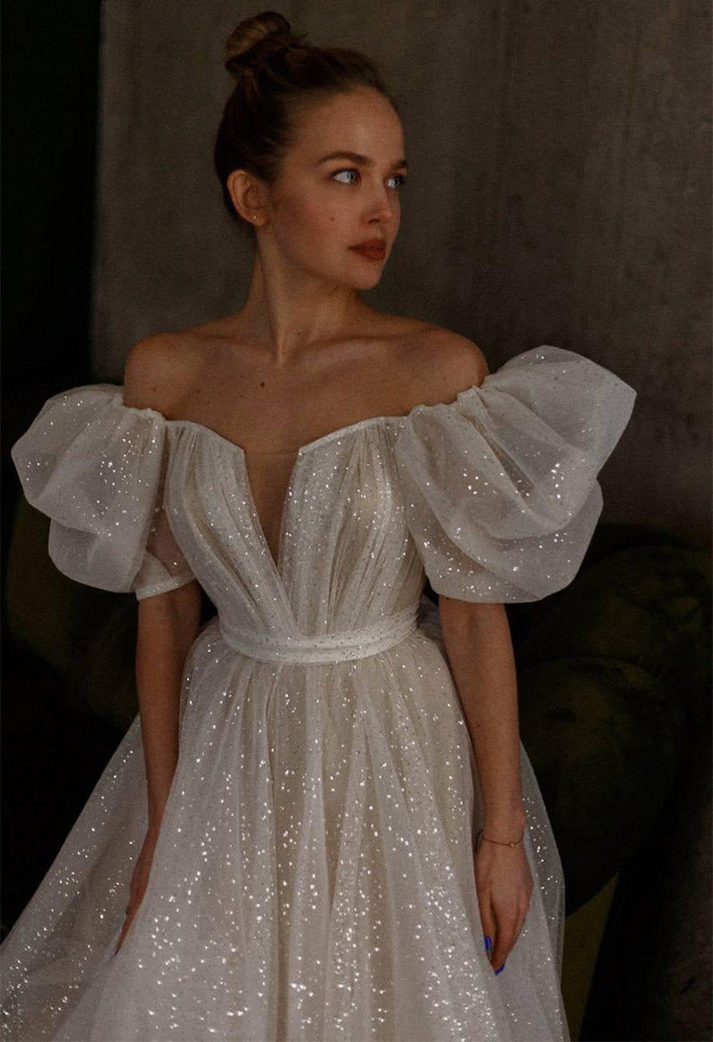 Off The Shoulder Puff Sleeve Highlight Tulle A Line Chapel Train Wedding Dress