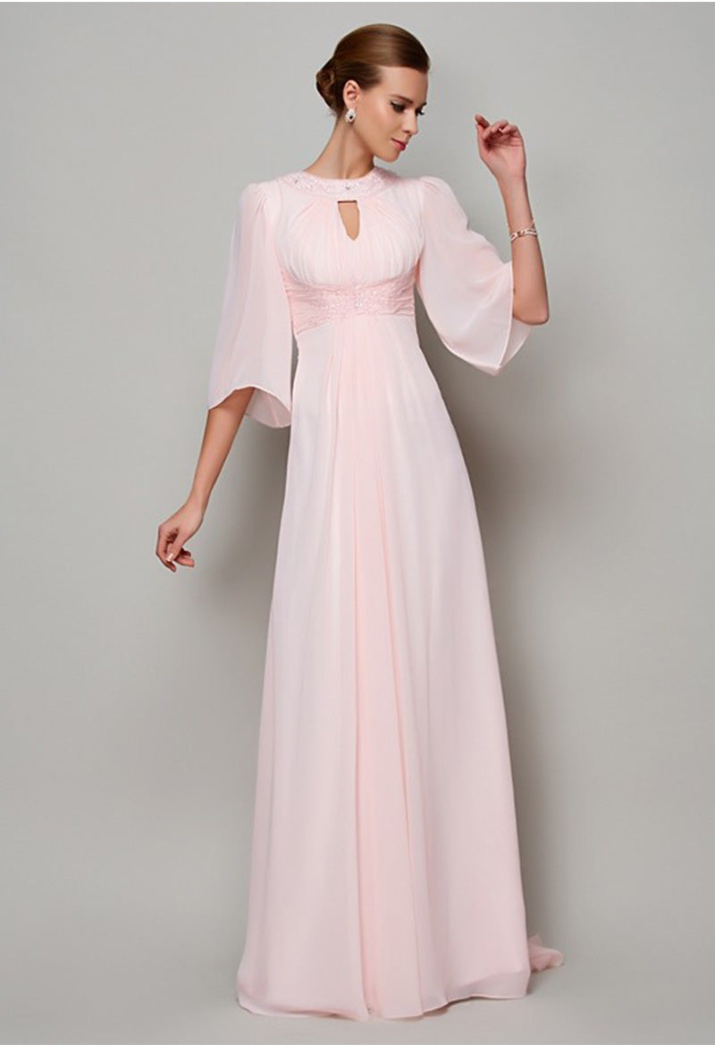 High Neck Chiffon Key Hole Bell Sleeve Beaded Court Train Evening Dress As Picture