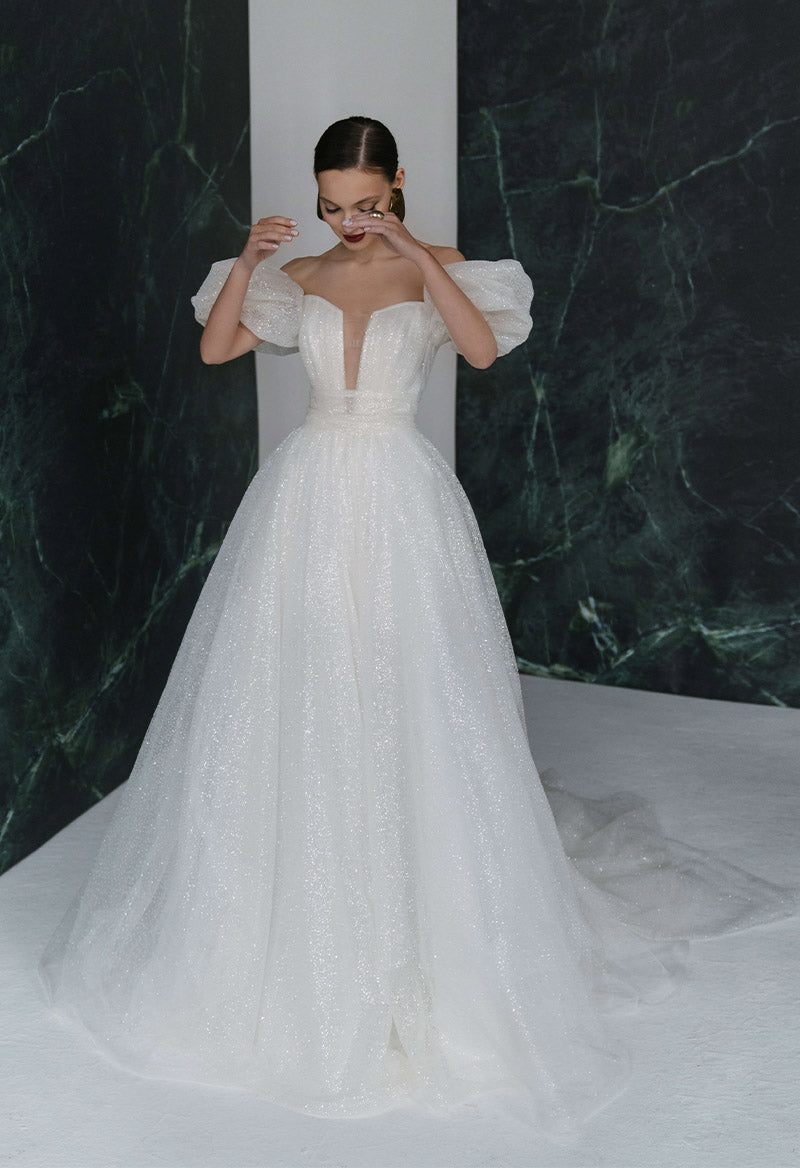 Off The Shoulder Puff Sleeve Highlight Tulle A Line Chapel Train Wedding Dress As Picture