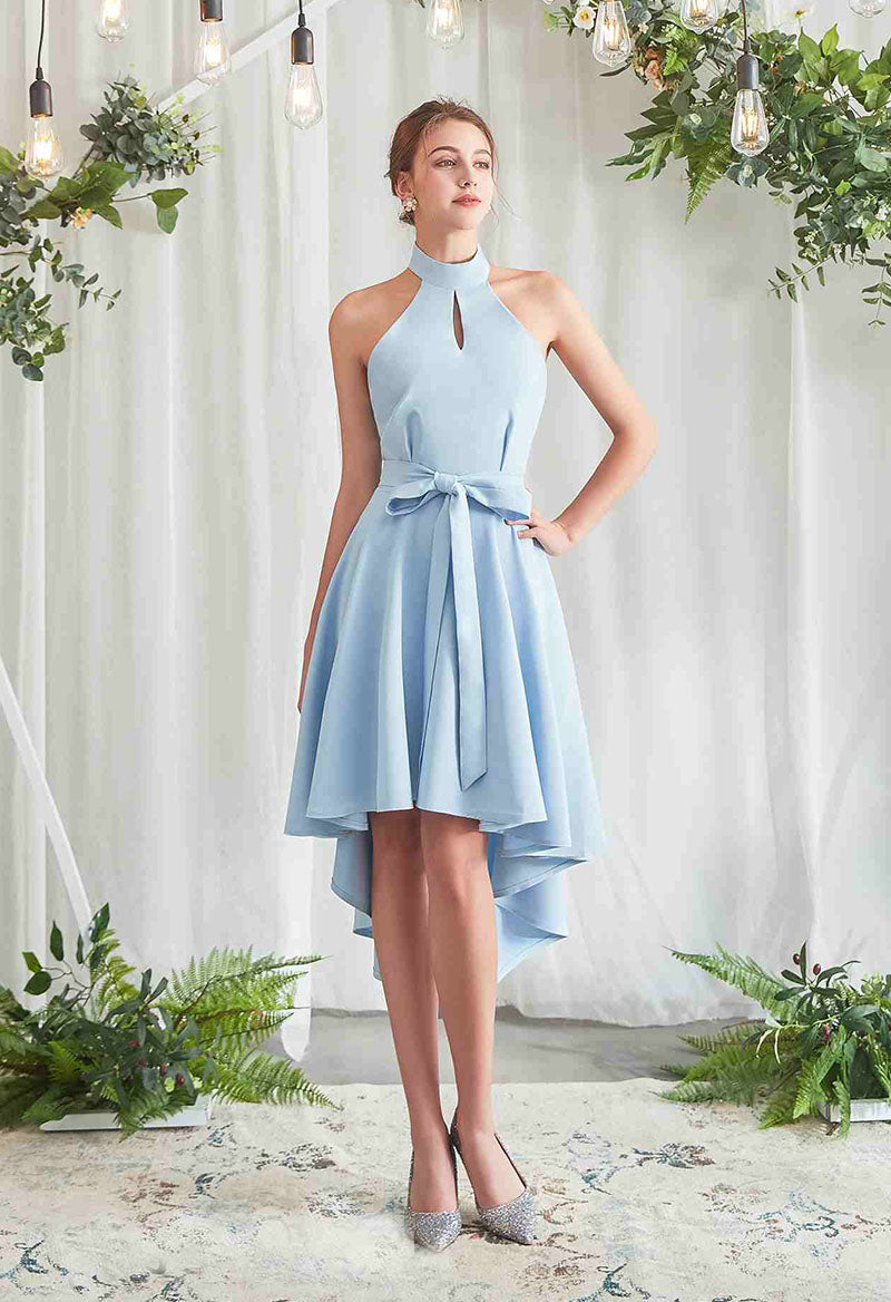 Sleeveless Halter Neck High-Low A Line Knee Length Bridesmaid Dress