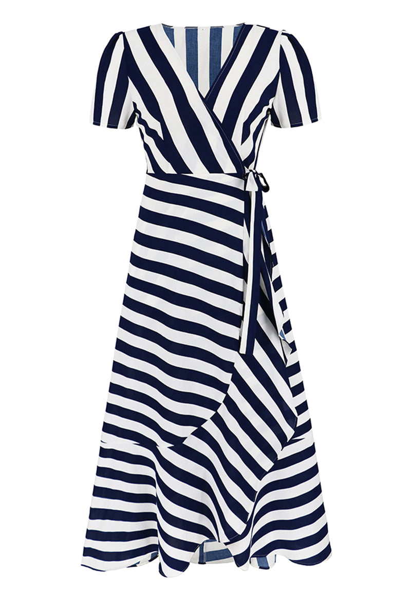 Short Sleeve Stripe Stitching Ankle Length V-Neck A Line Dress Black