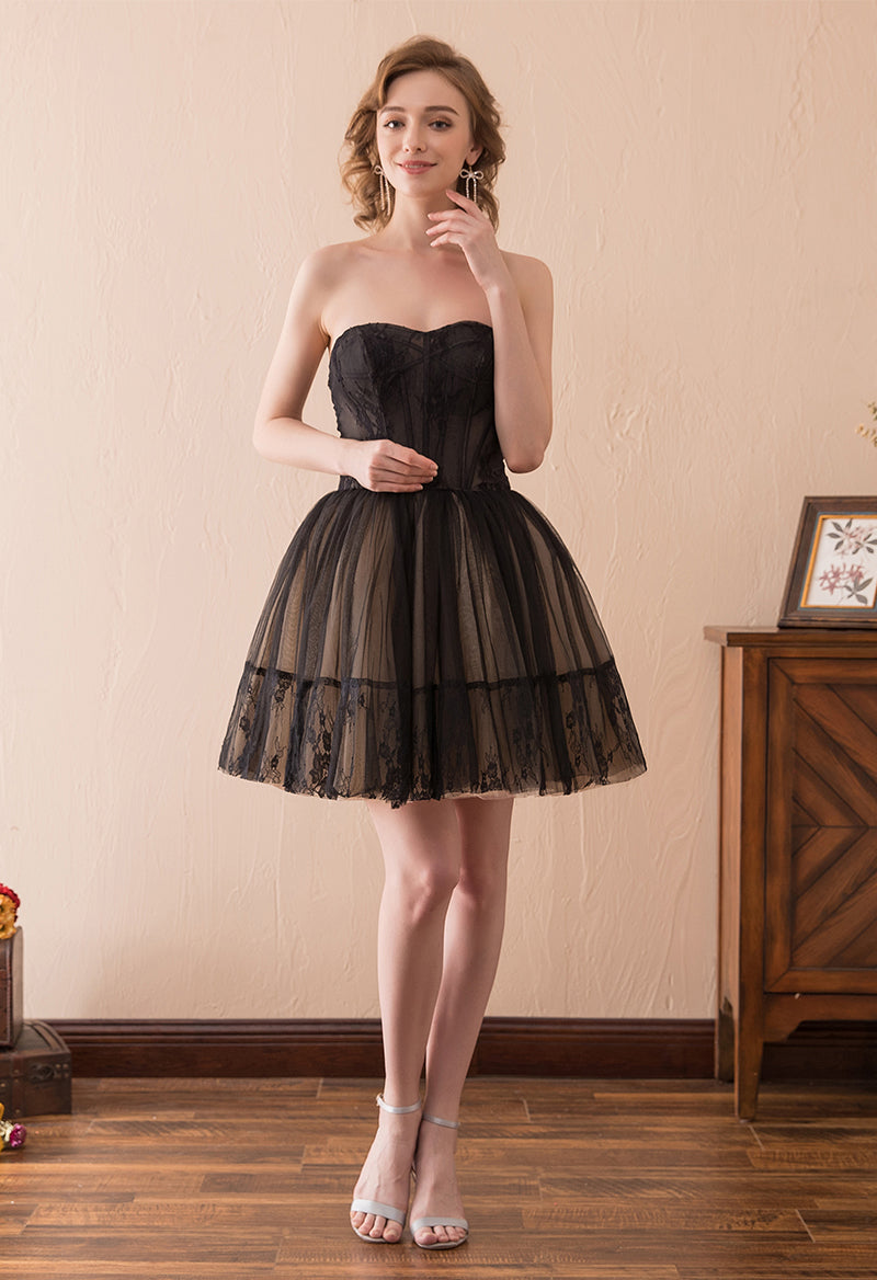 Sweetheart Lace Sleeveless Short Prom Dress Black
