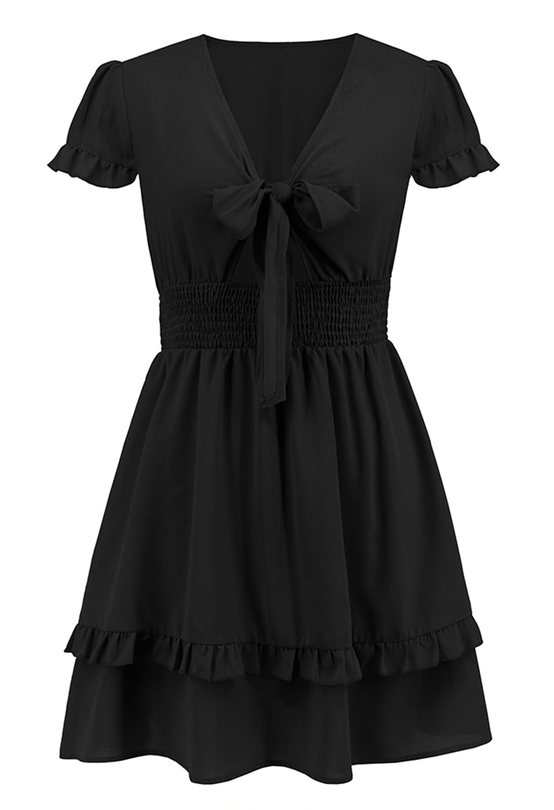 Sexy V-Neck Bowknot Short-Sleeved Mini Dress Black