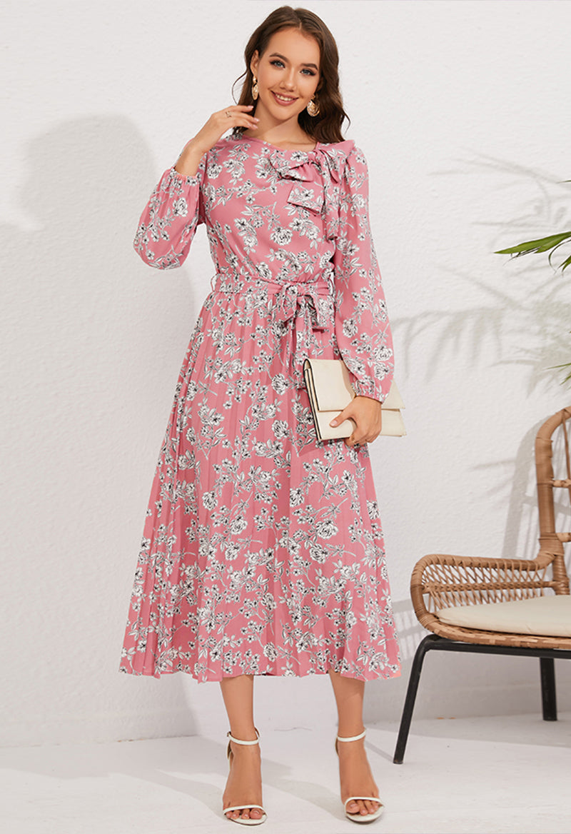 Scoop Neck Floral Bow Long Sleeve Ankle Length A Line Dress Pink