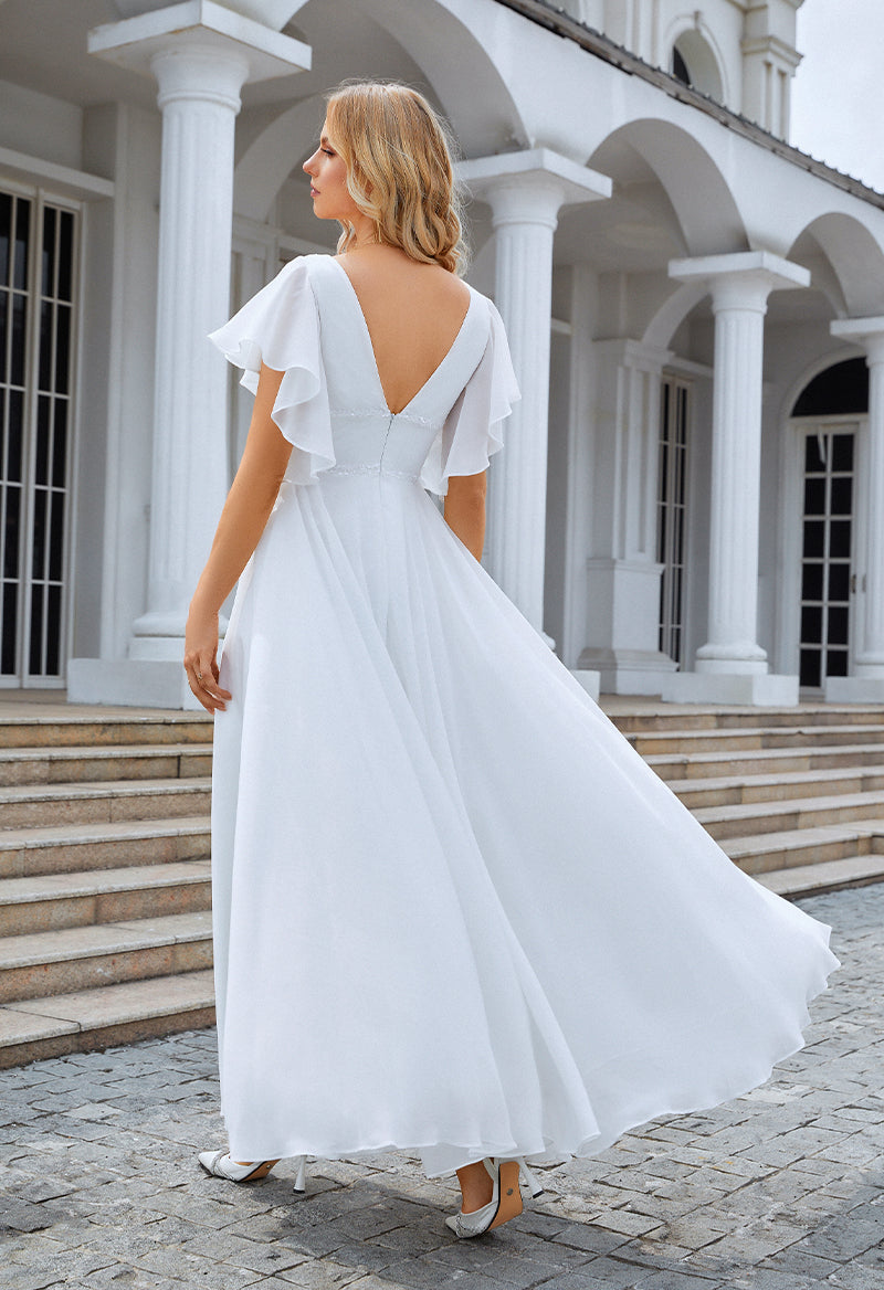 V Neck Bell Sleeve Chiffon A Line Sequin Floor Length Prom Dress