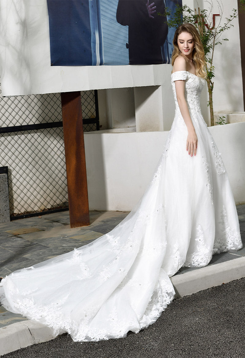 V Neck Rhinestone Short Sleeve A Line Chapel Train Rhinestone Wedding Dress