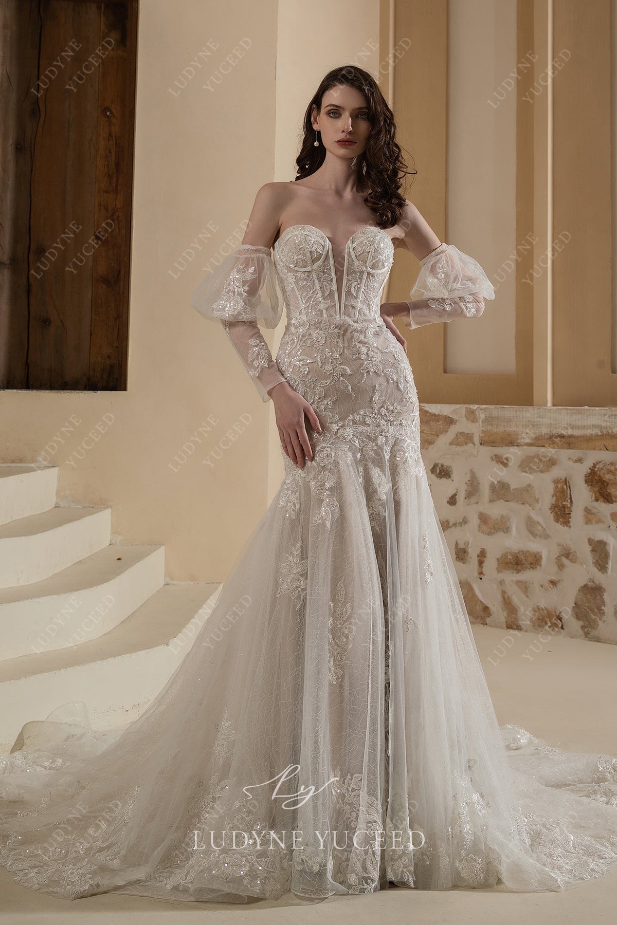 In Stock|Sparkling Plunging Sweetheart Detachable Sleeves Wedding Dress