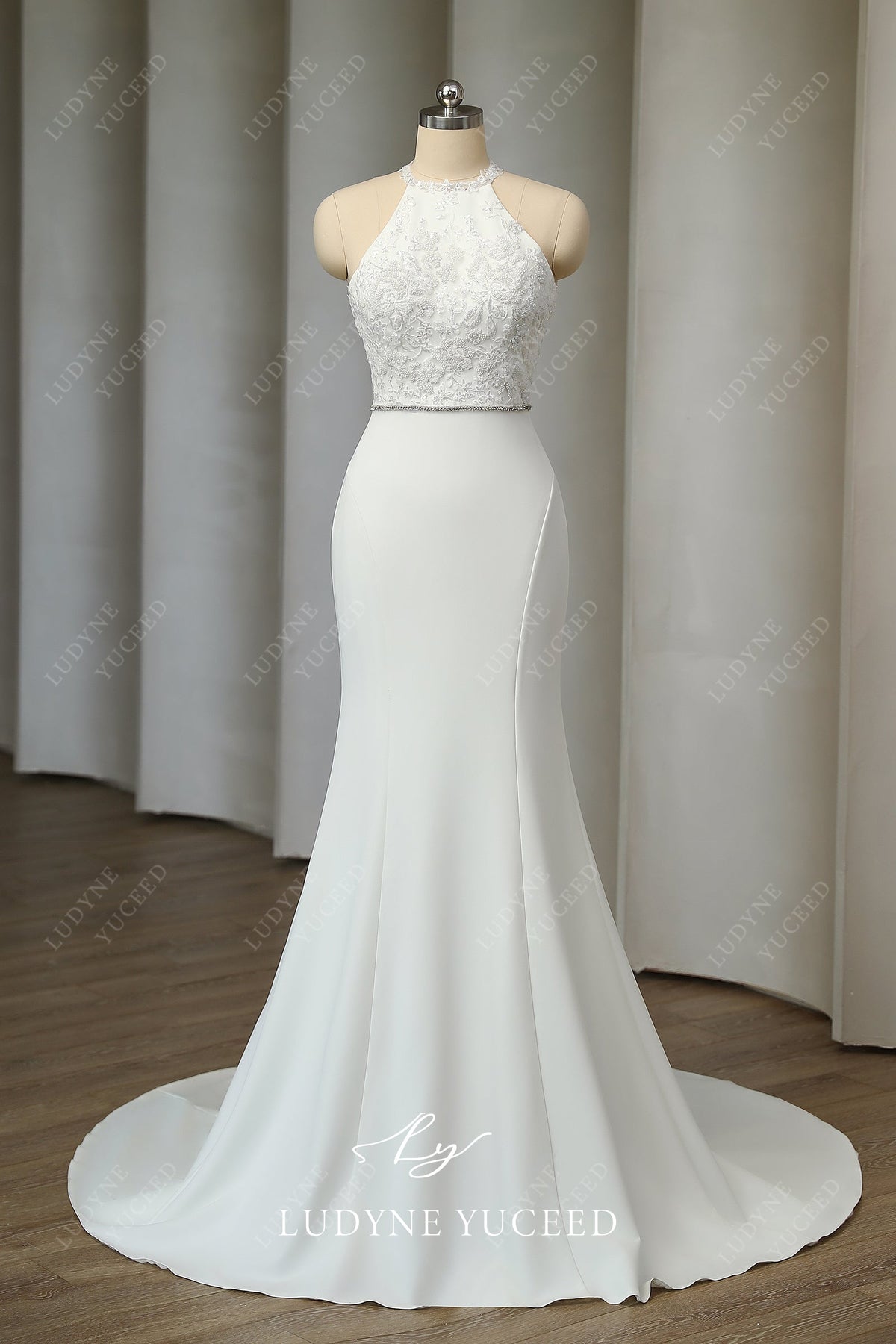 Halter Collar Sleeveless Sequined Mermaid Crepe Sweep Train Wedding Dress