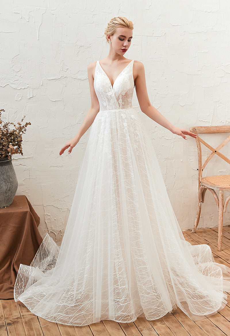 V-Neck Sleeveless Tulle A Line Chapel Train Wedding Dress As Picture