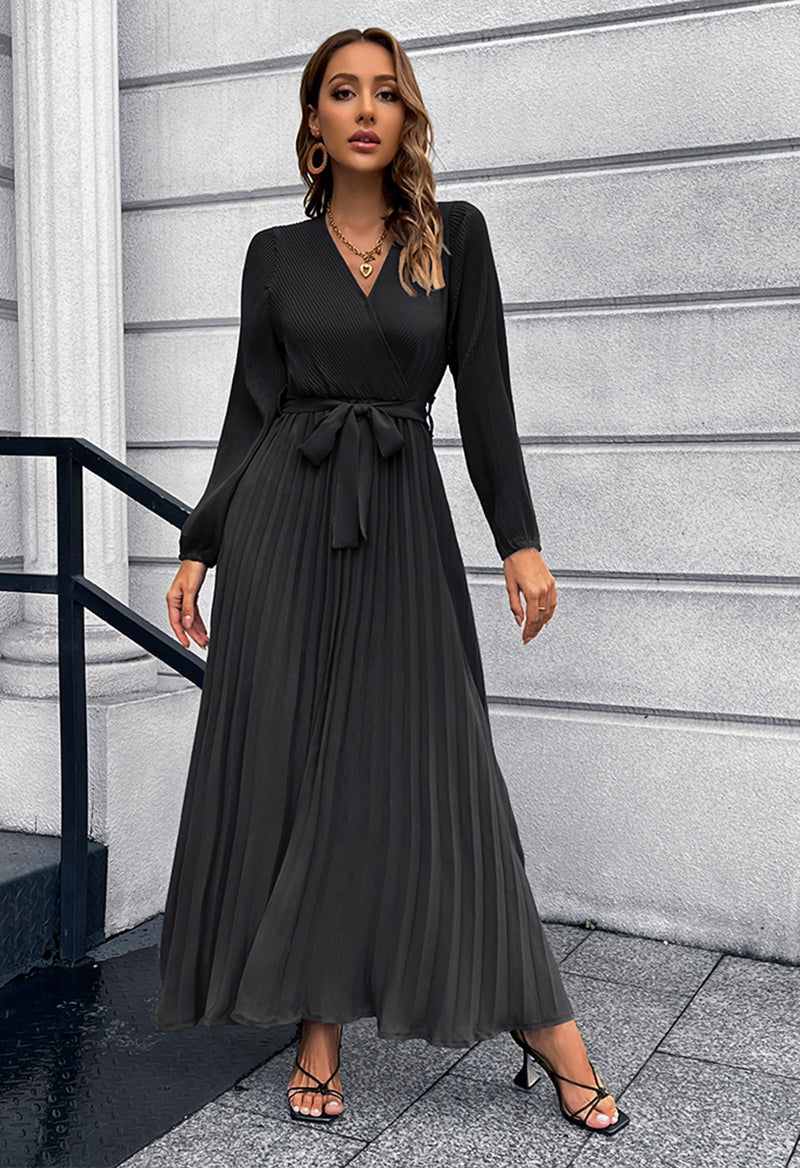 V-Neck Long Sleeve Pleated A Line Floor Length Dress Black