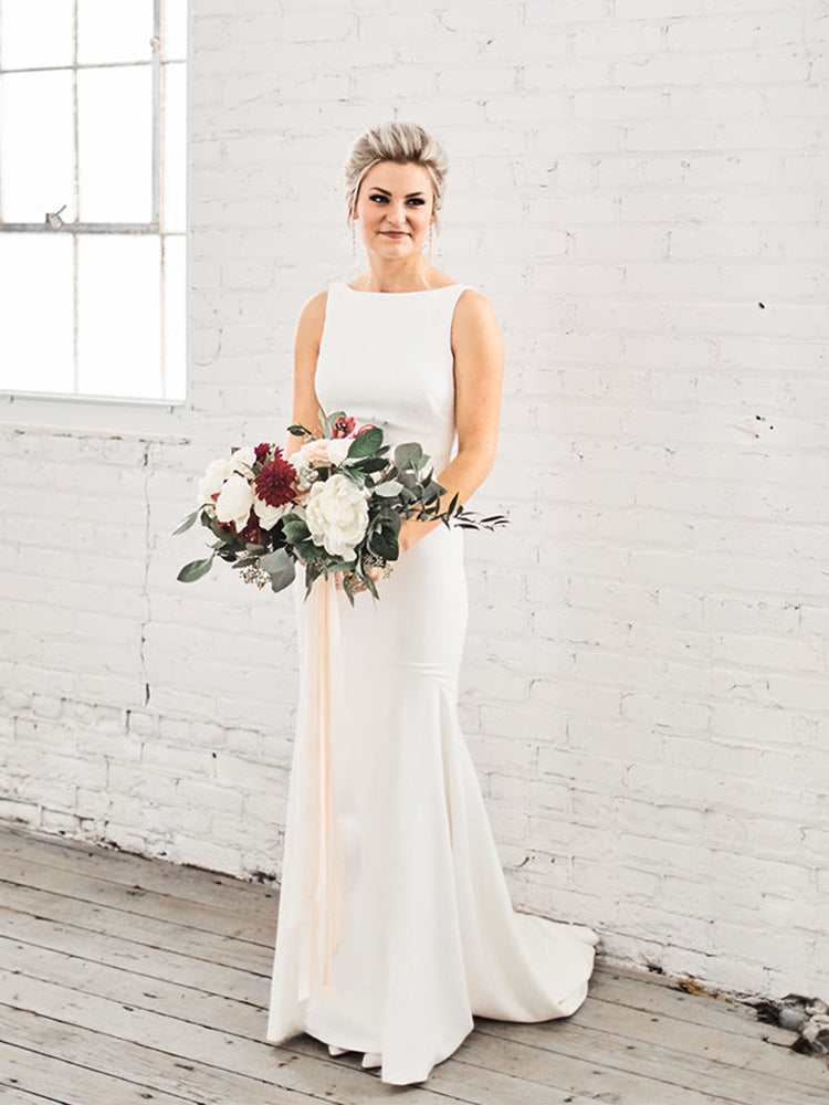 Casual Crepe Fit and Flare Sweep Train Wedding Dress As Picture