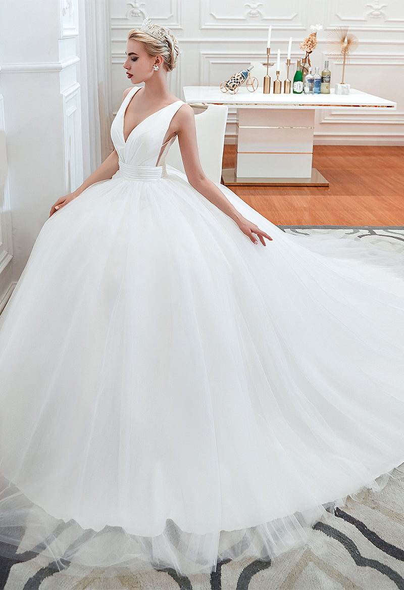 V Neck Sleeveless Ball Gown Tulle Sweep Train Wedding Dress As Picture