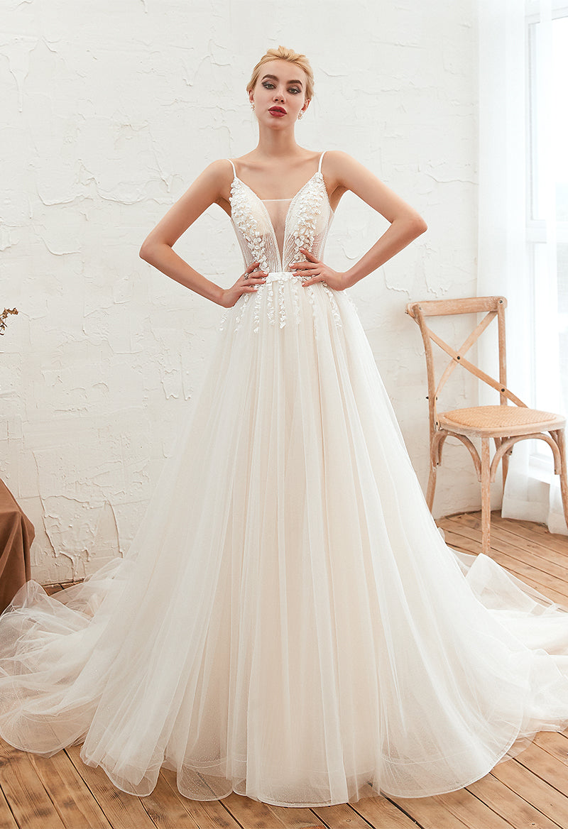 A Line Boat Neck Sleeveless Tulle Chapel Train Wedding Dress As Picture
