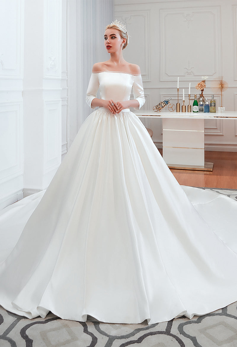 Luxury Off The Shoulder Satin 3/4 Sleeve Ball Gown Cathedral Train Wedding Dress As Picture