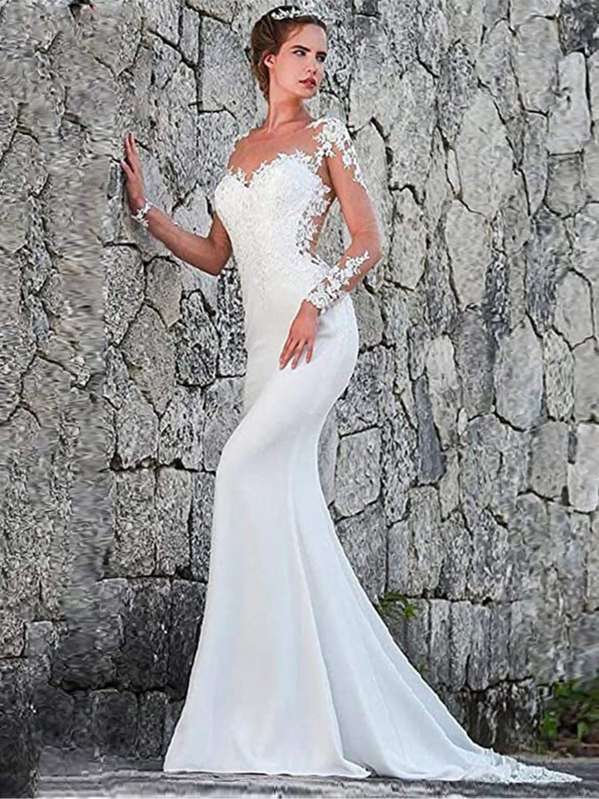 Illusion Neckline Sheath Sheer Lace Wedding Dress As Picture
