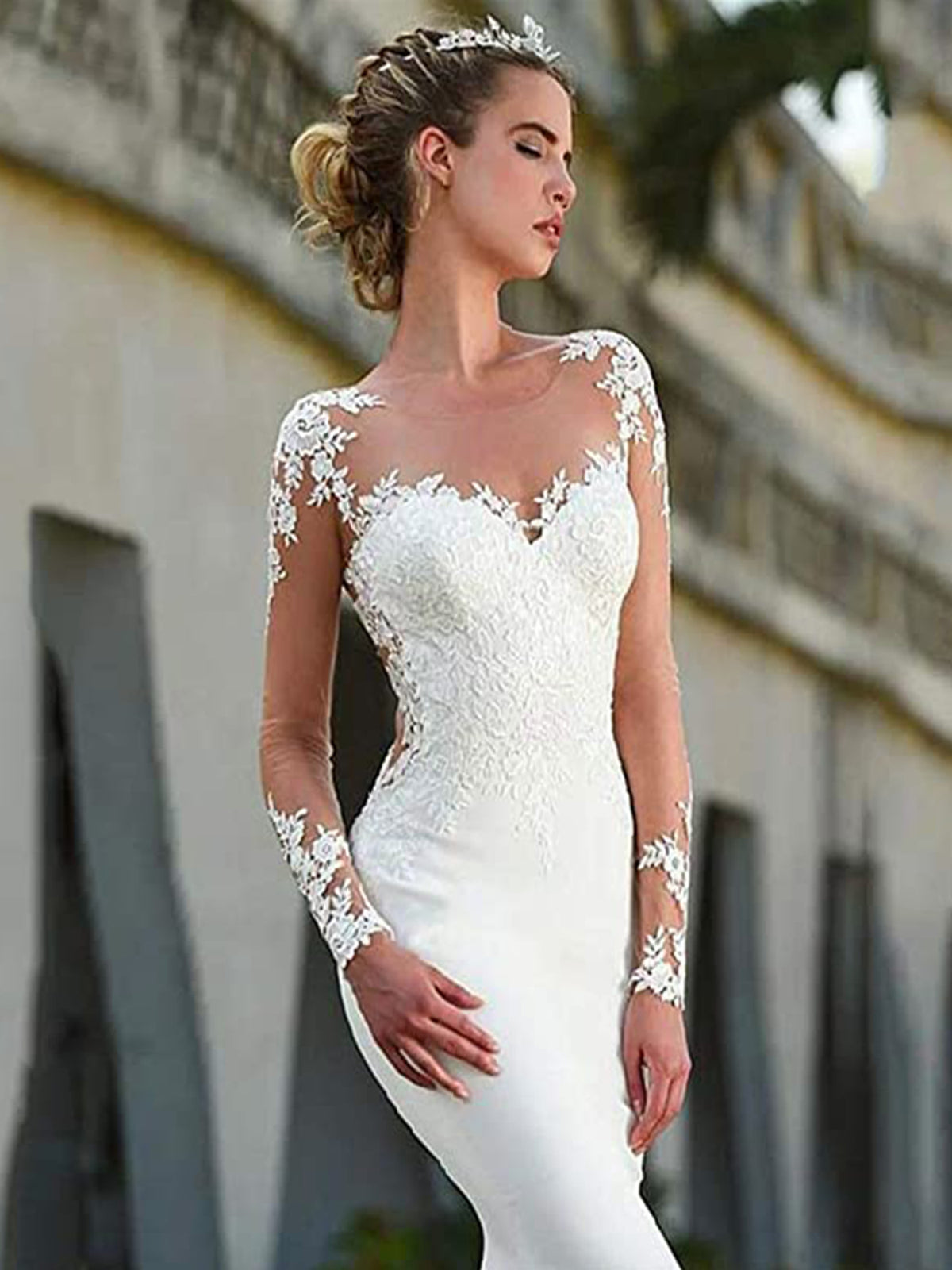 Illusion Neckline Sheath Sheer Lace Wedding Dress