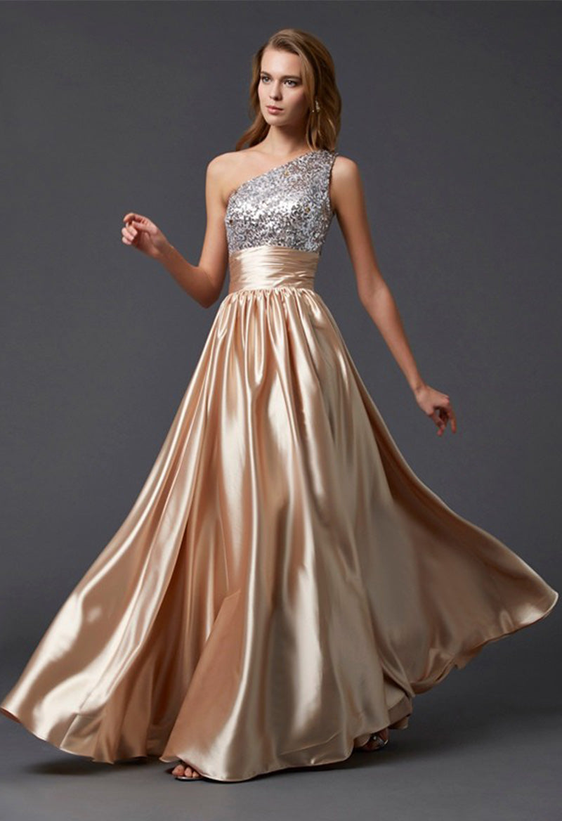 A Line Sleeveless Floor Length One Shoulder Sequined Satin Evening Dress As Picture