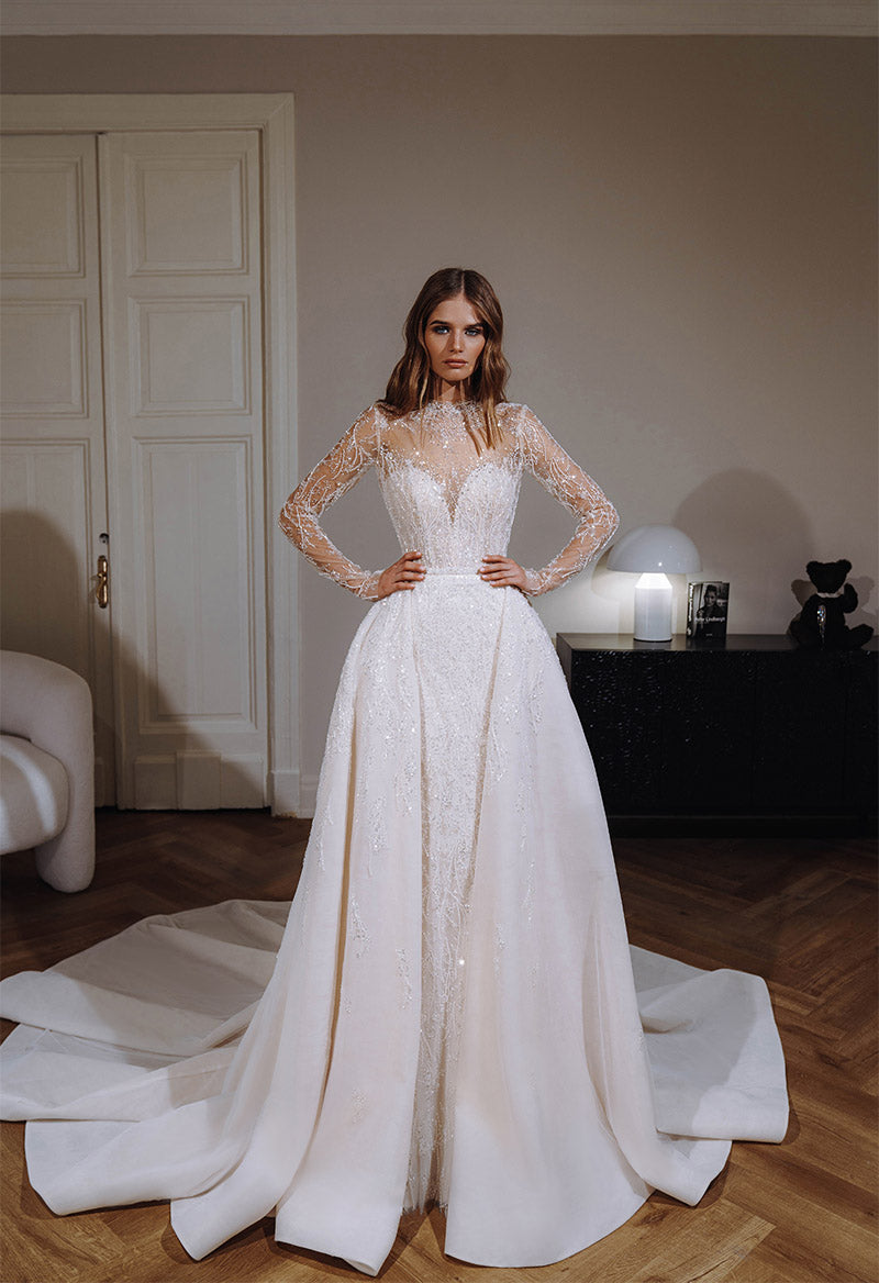 High Neck Sequin Lace Long Sleeve Sheath Sweep Train Wedding Dress With Overskirt As Picture