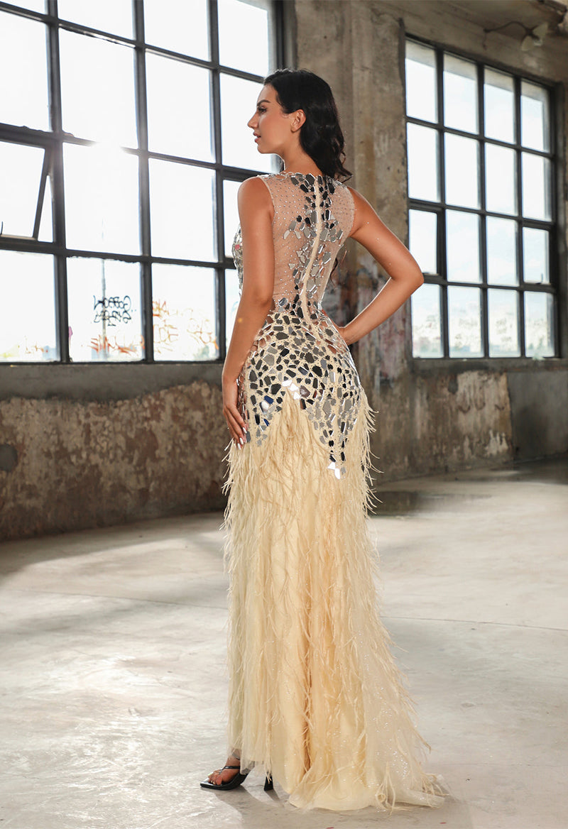 Scoop Neck Sleeveless Sequin Sheath Tassel Floor Length Prom Dress