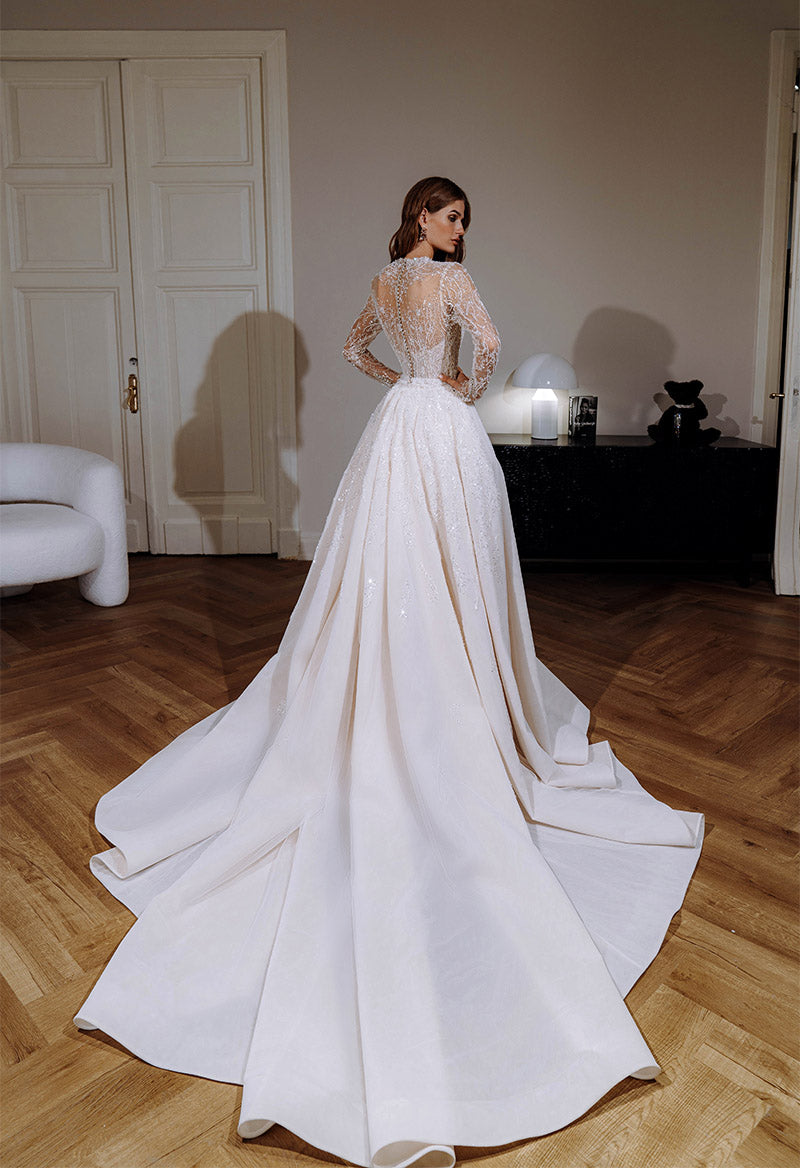 High Neck Sequin Lace Long Sleeve Sheath Sweep Train Wedding Dress With Overskirt