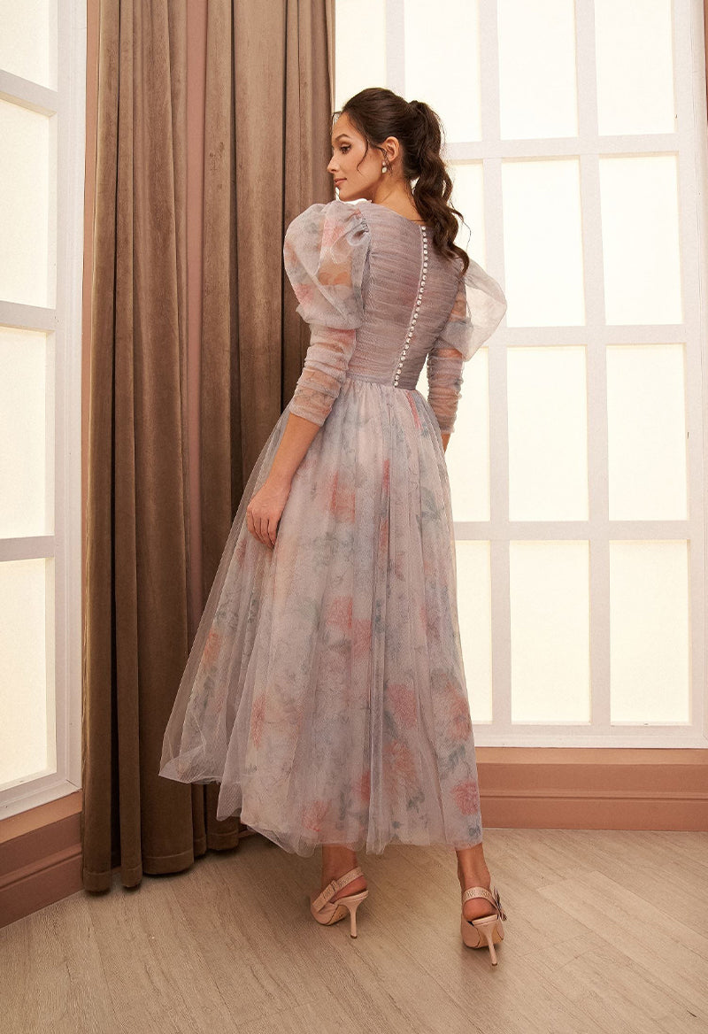 A Line Tulle 3/4 Sleeve Flower Tea Length Prom Dress