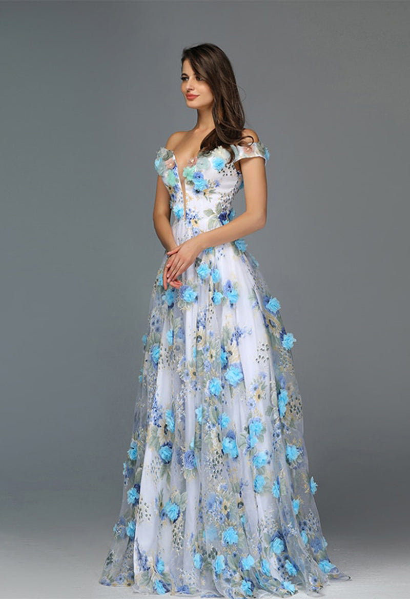 V Neck 3D FlowersTulleA Line Floor Length Prom Dress