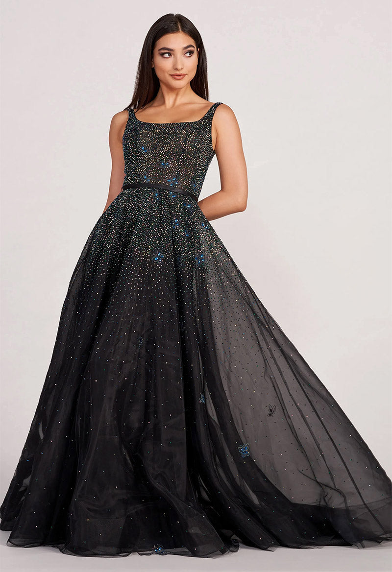 Square Neck Sequined Tulle Sleeveless A Line Sweep Train Evening Dress Black