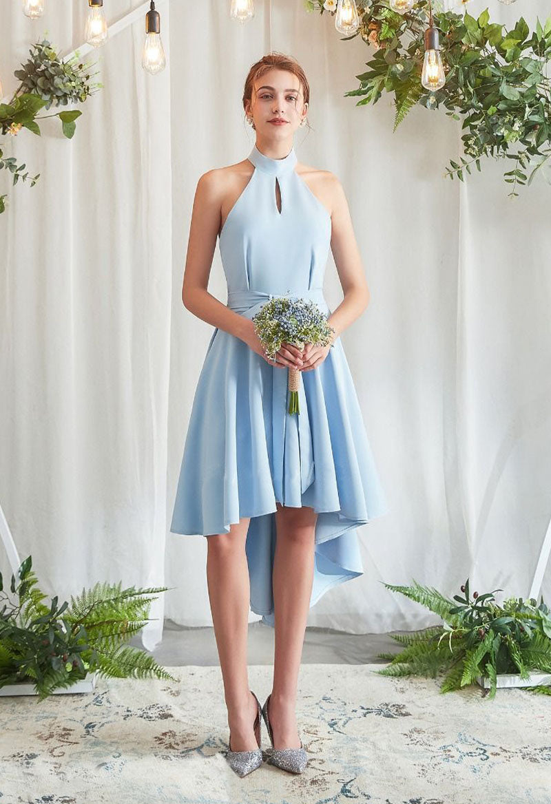 Sleeveless Halter Neck High-Low A Line Knee Length Bridesmaid Dress As Picture