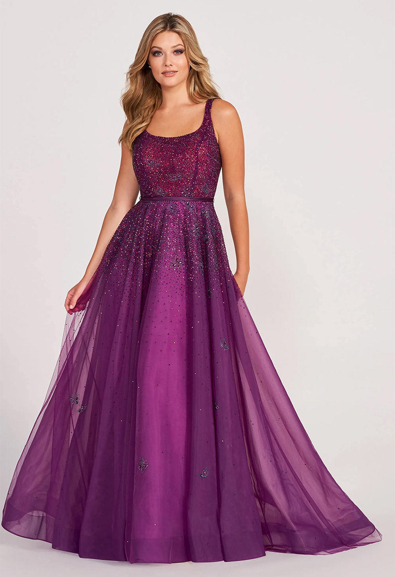 Square Neck Sequined Tulle Sleeveless A Line Sweep Train Evening Dress Purple