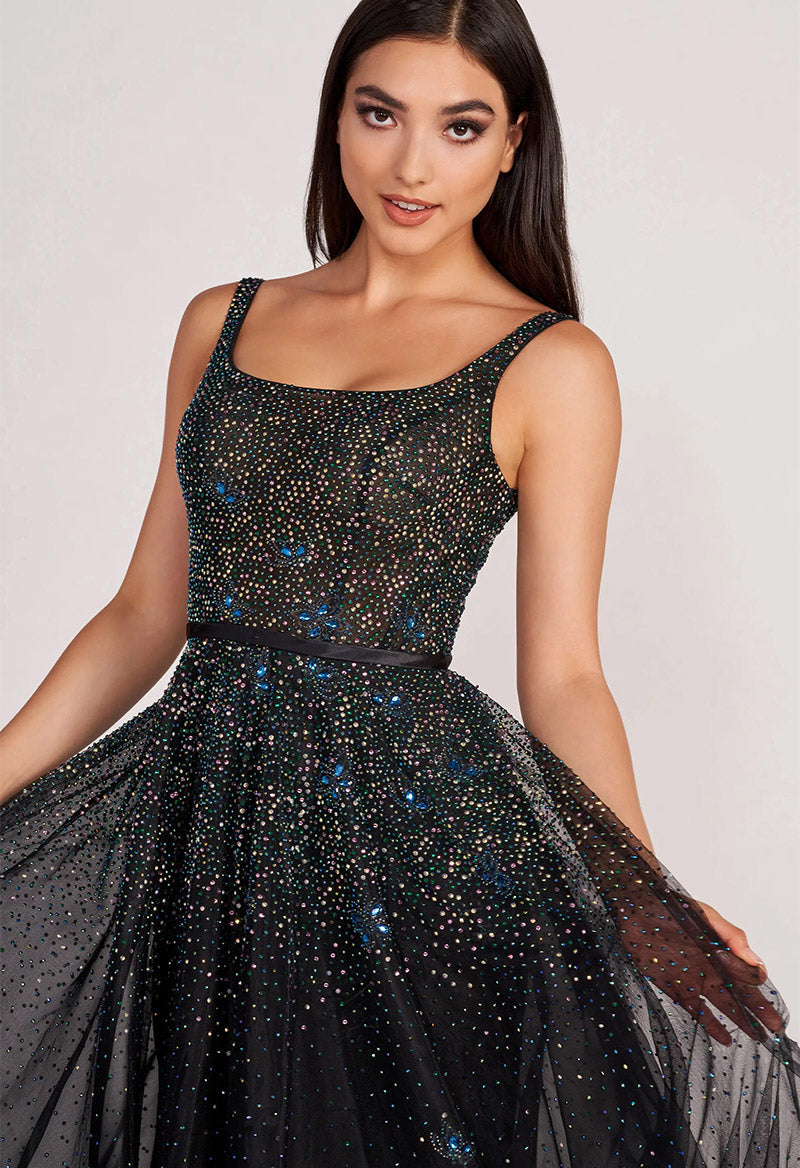 Square Neck Sequined Tulle Sleeveless A Line Sweep Train Evening Dress