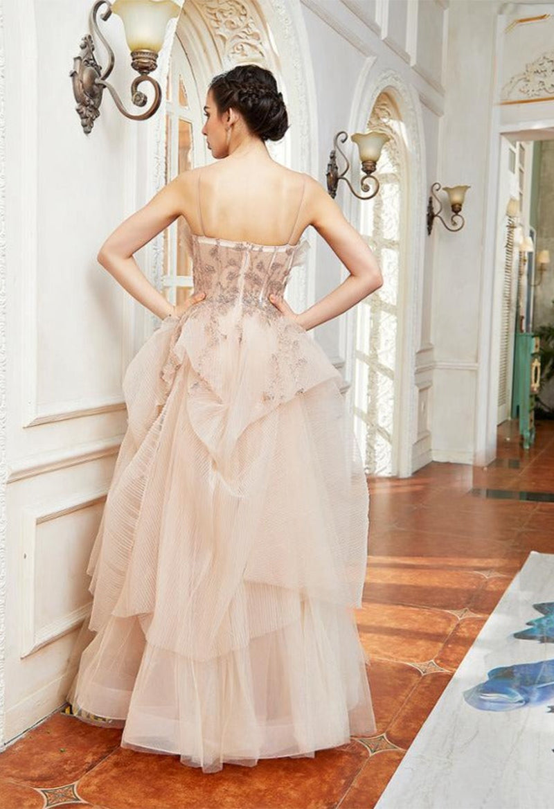 Spaghetti Strap Tulle Flower A Line Sleeveless Floor Length Evening Dress