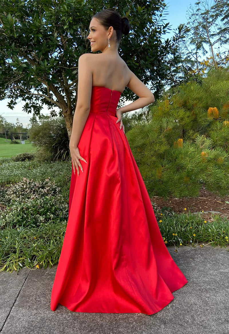 Satin Slit Pocket Off The Shoulder Sweep Train Evening Dress