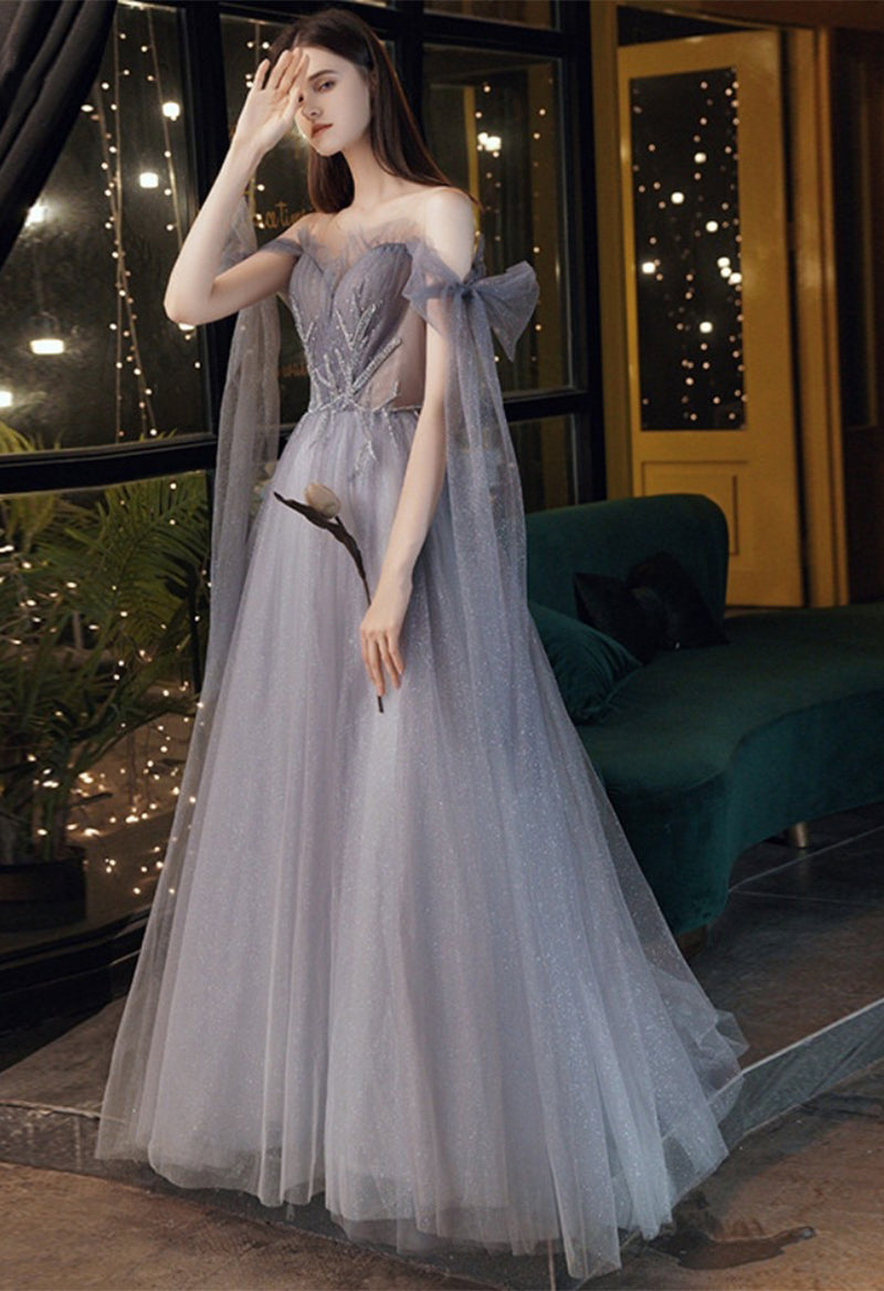 Illusion Neck Sleeveless Sparkly Tulle Tassel A Line Floor Length Prom Dress