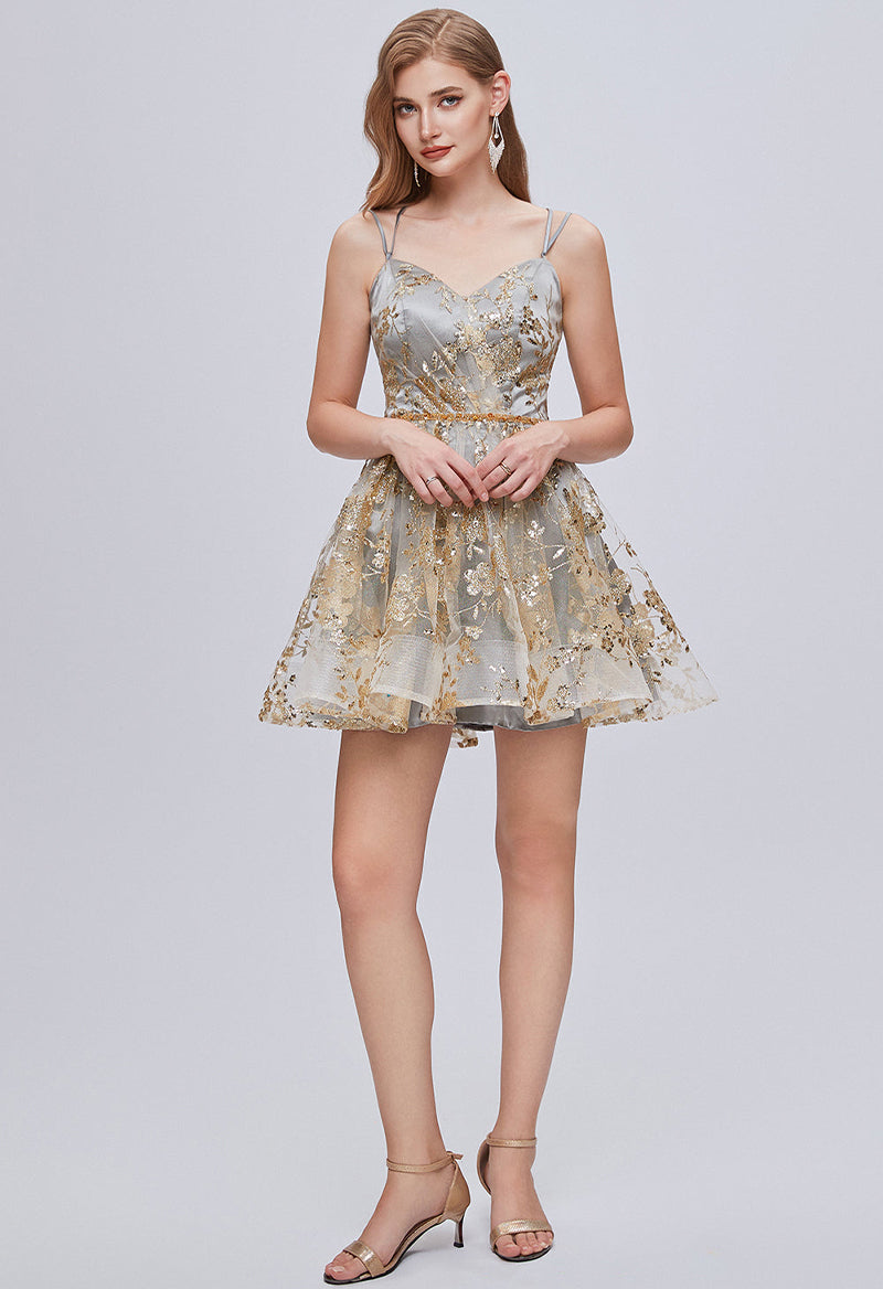 V Neck Tulle Sequins A Line Sleeveless Short Homecoming Dress As Picture