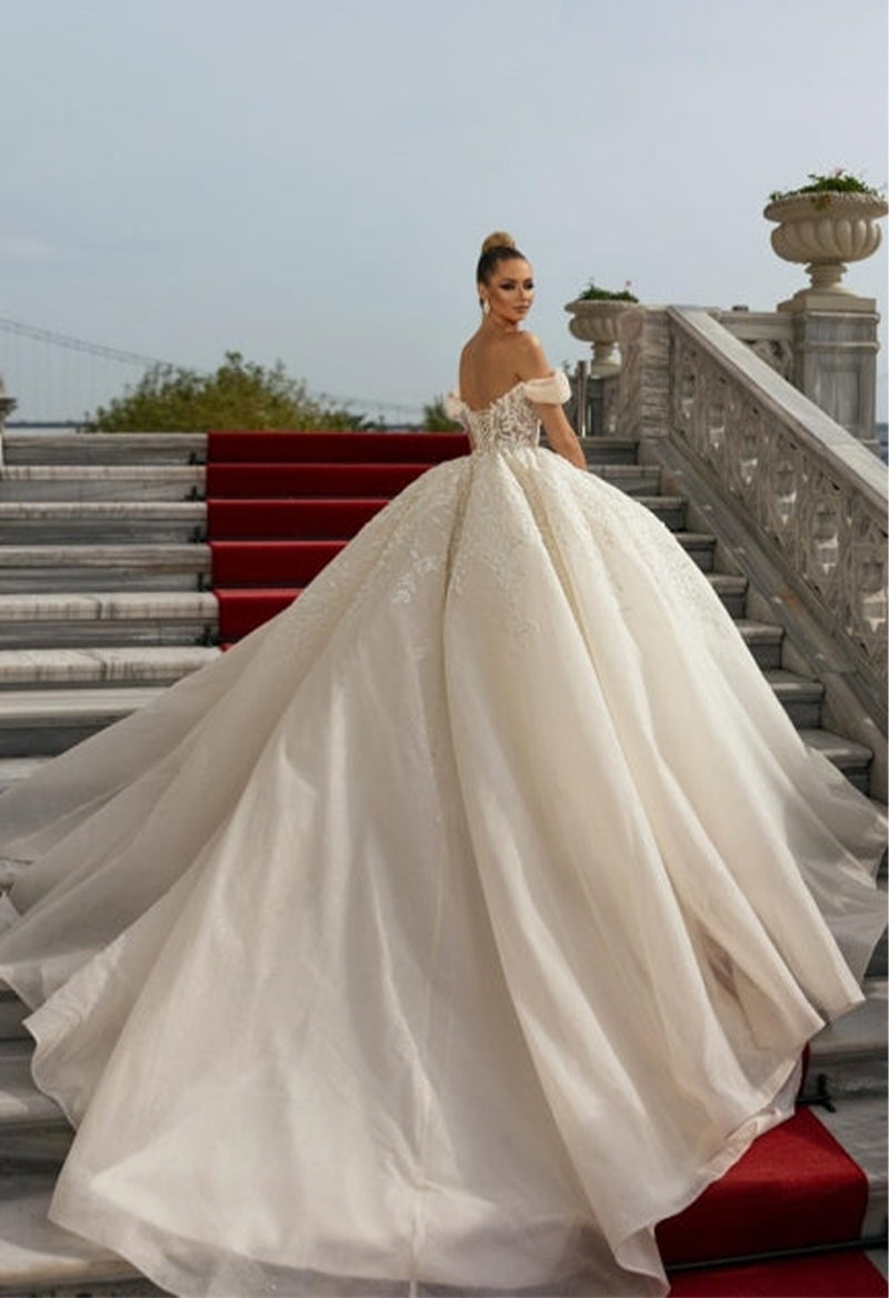 Luxury Ball Gown Off The Shoulder Tulle Cathedral Train Wedding Dress