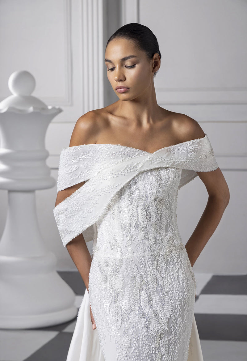 Off The Shoulder Sequined Satin Sheath Floor Length Wedding Dress With Overskirt