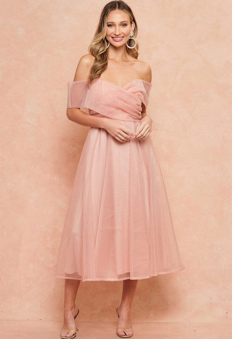 Elegant Off The Shoulder Tulle Short Sleeve Tea Length A Line Evening Dress Pink