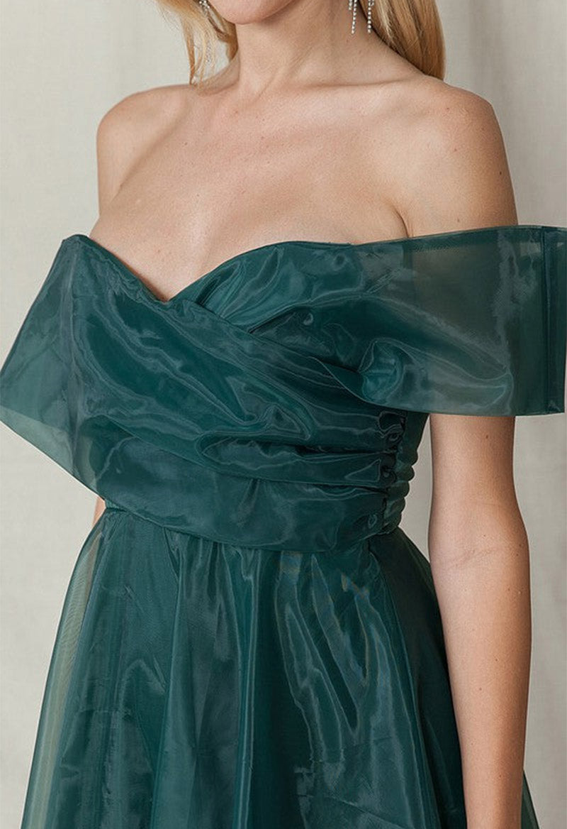 Elegant Off The Shoulder Tulle Short Sleeve Tea Length A Line Evening Dress