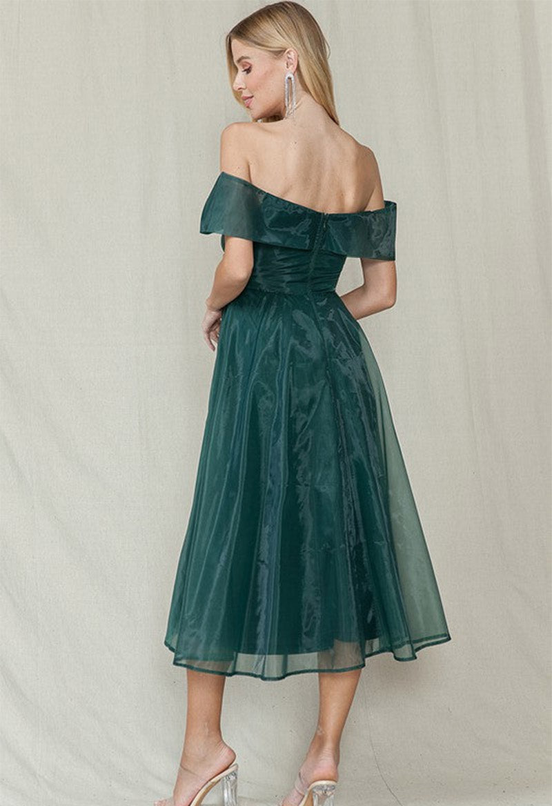 Elegant Off The Shoulder Tulle Short Sleeve Tea Length A Line Evening Dress