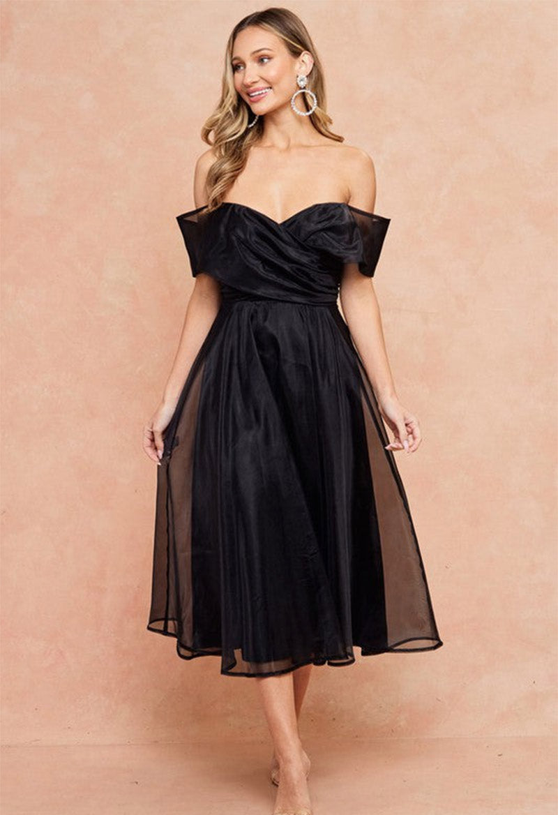 Elegant Off The Shoulder Tulle Short Sleeve Tea Length A Line Evening Dress Black