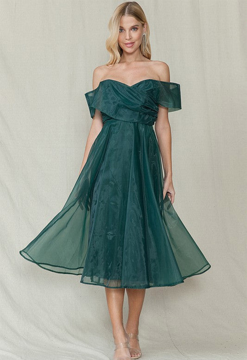 Elegant Off The Shoulder Tulle Short Sleeve Tea Length A Line Evening Dress Green