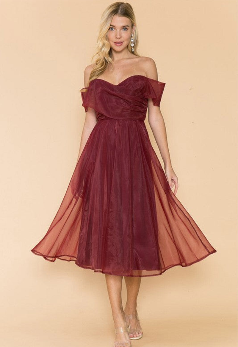 Elegant Off The Shoulder Tulle Short Sleeve Tea Length A Line Evening Dress Red