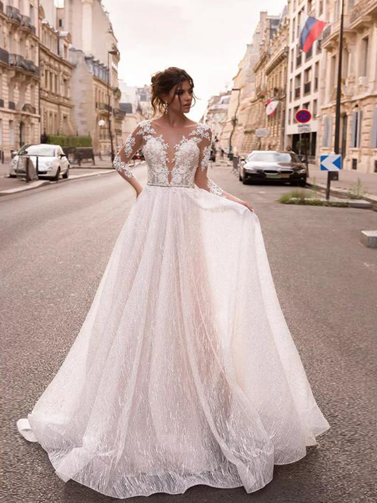 Elegant Lace Plunging Neckline Aline Modern Wedding Dress As Picture