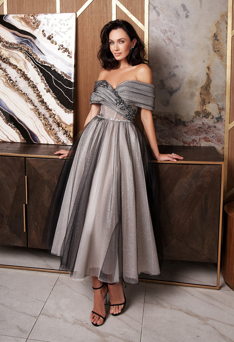 Sparkly Lace V Neck Short Sleeve Ankle Length Sequined Evening Dress